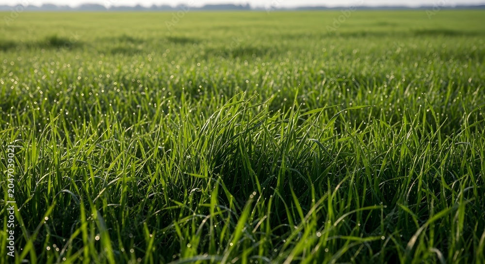 Obraz premium Lush green meadow with dew drops at dawn agricultural field and grassland scenery