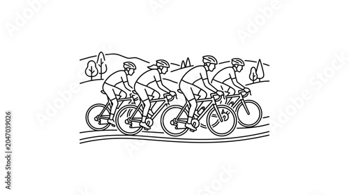 Obraz na plátně A group of four professional cyclists riding bicycles in a line.