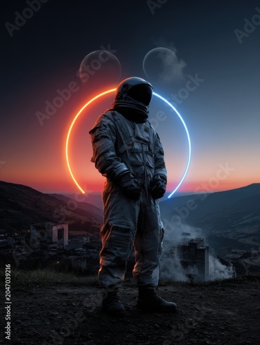 A futuristic astronaut standing on a planet with twin moons in the sky