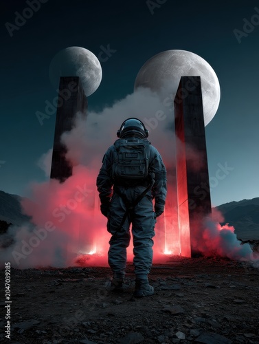 A futuristic astronaut standing on a planet with twin moons in the sky