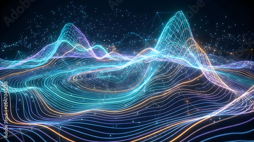 Abstract digital landscape with glowing blue and purple light waves and data lines on dark background