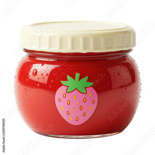 Strawberry Jam Jar with Cartoon Sticker Isolated
