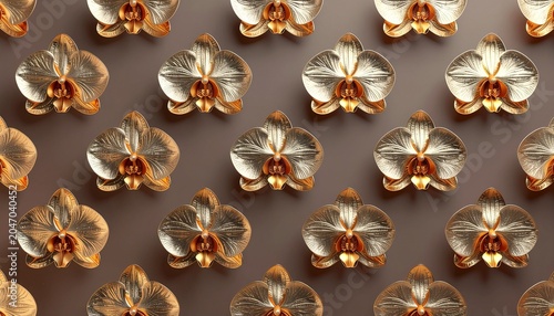 Golden Orchids Displayed in a Repeating Pattern on a Neutral Background, Symbolizing Luxury and Elegance