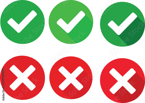 Green Check Mark and Red Cross Flat Vector Icon Set