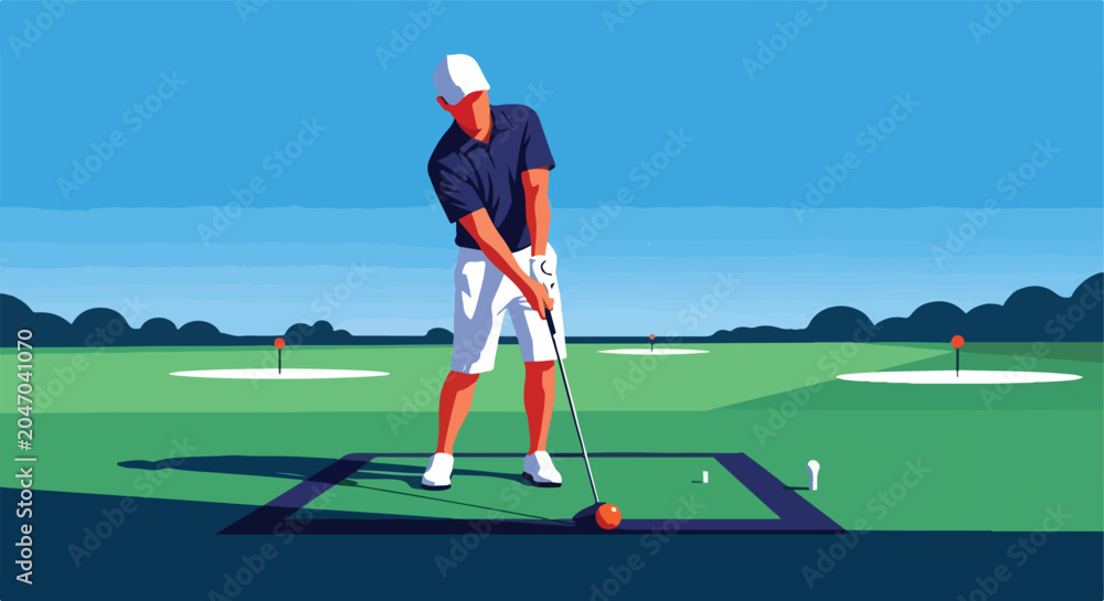 Obraz premium Golfer poised to strike an orange ball on a green course