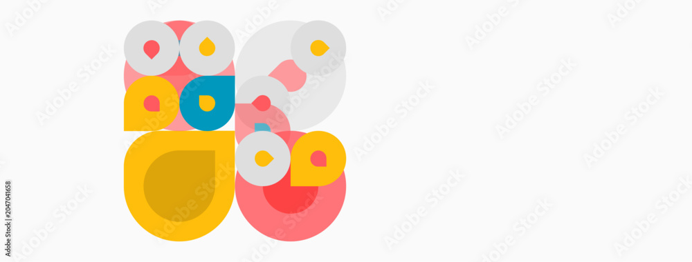 Fototapeta premium Abstract circles overlap, creating playful composition. Colors include yellow, pink, blue, beige. Minimalist design, modern aesthetic.