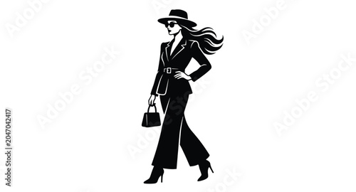 Fotografie Fashionable woman in suit and hat black silhouette on white background
