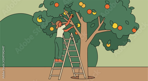 Person picking fruit from tree with ladder