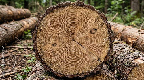 Close-up of Log Cross-section in Forest with Green Foliage and Wood Chips