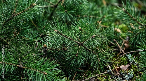 Evergreen Pine Branches with Green Needles in Forest Setting