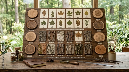 Educational Display of Tree Leaves and Bark Samples in Nature-inspired Setting for Botanical and Educational Use