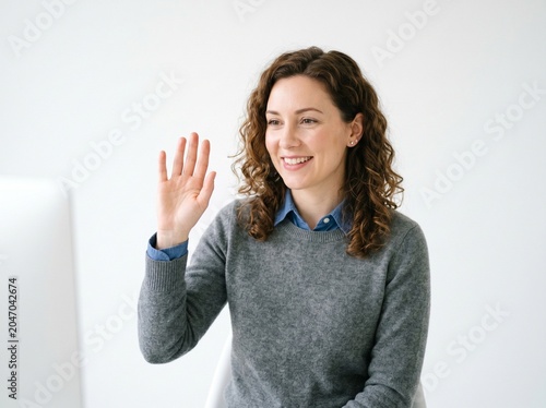 Woman waving hand during virtual video call in bright home office setting cheerful