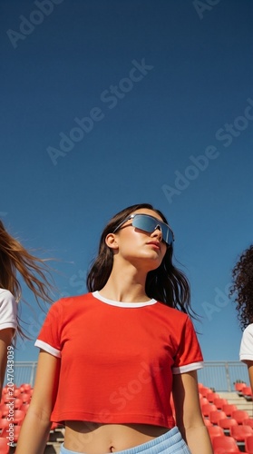 Low-angle portrait of a confident young woman in a retro red ringer crop top and futuristic sports sunglasses at an outdoor stadium.