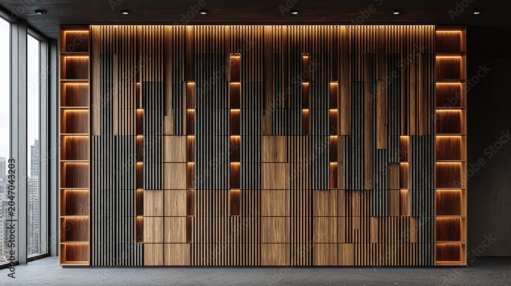 Fototapeta premium Modern interior wall design features a complex arrangement of vertical wooden slats and illuminated shelving