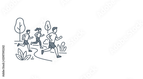 Fotografie A hand drawn sketch of three people jogging together in a park setting