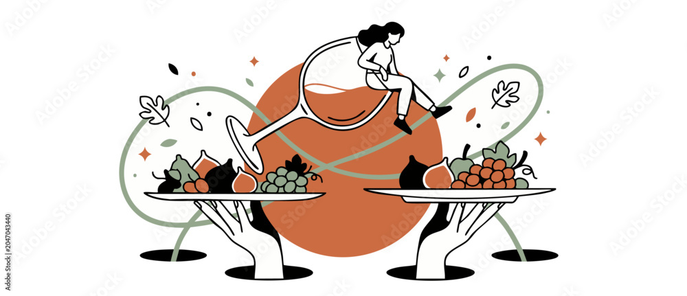 Fototapeta premium Wine tasting food pairing illustration with minimalist woman sitting on glass, autumn harvest fruit platters of grapes and figs held by hands, modern flat vector graphic for dining concept design.