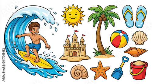 Photography Cartoon summer beach vacation vector set, surfing boy and sandcastle illustratio