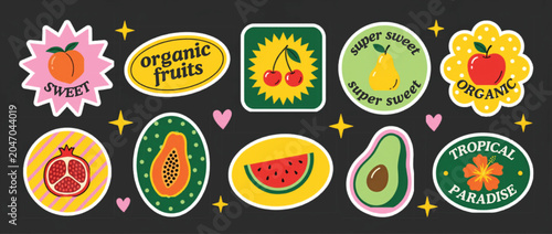 Obraz na plátne Retro organic fruit stickers collection, vintage aesthetic food labels with peac