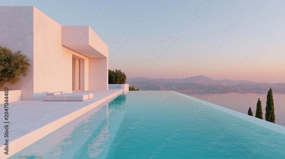 Fototapeta premium Luxury villa with infinity pool overlooking serene landscape at sunset, modern architecture and minimalist design elements create a tranquil atmosphere