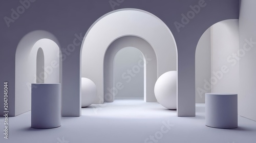 Minimalistic Interior with Arches and Geometric Shapes in Soft Light