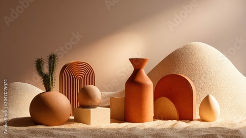 Minimalist Desert Still Life with Sculptural Elements and Plants