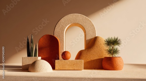 Abstract Composition of Stylish Geometric Shapes and Greenery