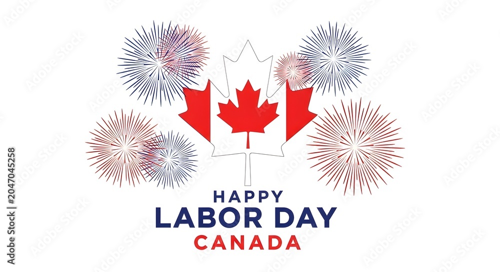 Fototapeta premium Happy labor day canada greeting card with maple leaf and fireworks