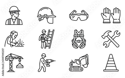 Set of construction worker icons including safety gear tools and heavy machinery for building site projects outline