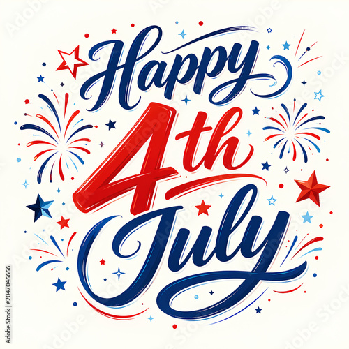 Bold Happy Fourth of July Lettering with Fireworks and Patriotic Stars