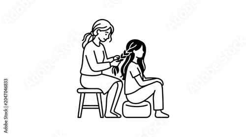 Bilde på lerret A mother braiding her daughter hair while sitting on stools.