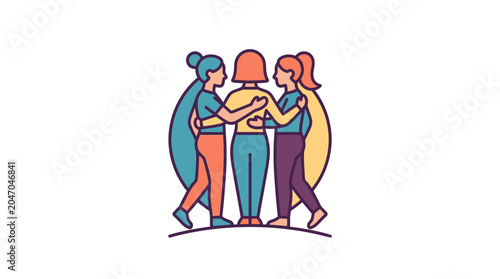 Tableau sur toile Three women standing together in a supportive group hug illustration