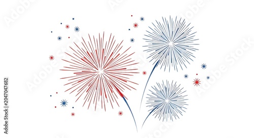 Red and blue fireworks display isolated on white background