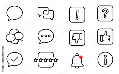 Set of black and white outline communication speech bubble and user interface navigation icons for digital web design
