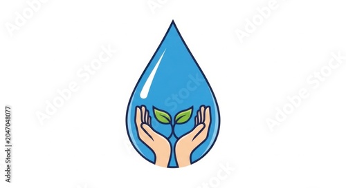 Hands holding water drop with leaf logo.