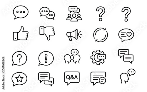 Set of black line icons for communication support and feedback featuring speech bubbles question marks and social symbols