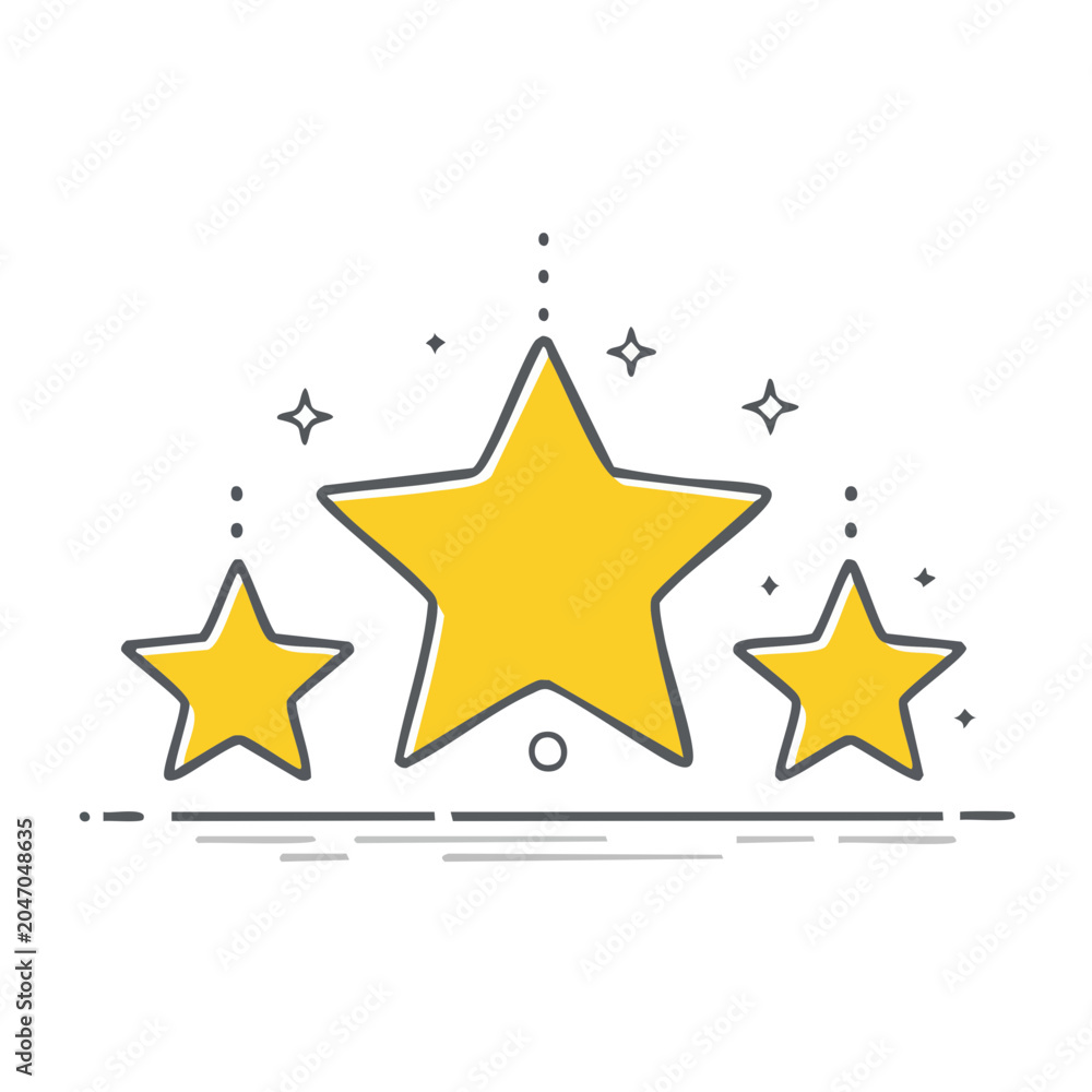 Fototapeta premium Three yellow stars with sparkles on white background