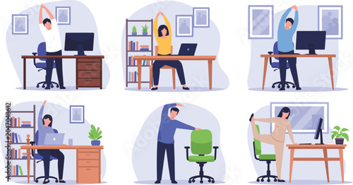 Bild auf Leinwand Office Desk Stretching and Yoga Exercises Illustration Set for Posture Improveme