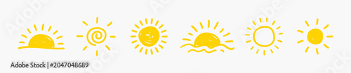 Foto Set of bright yellow minimal hand-drawn different sun on white background, drawi