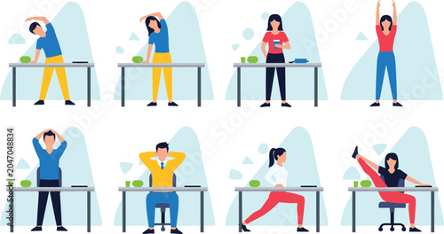 Slika na platnu Office Desk Stretching Exercises Illustration Set Featuring Yoga, Stretching, an
