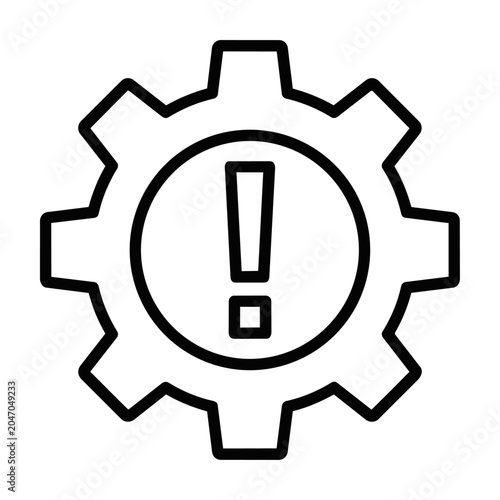 Black gear icon with a centered exclamation mark symbol representing a warning or technical maintenance notice isolated on a white background, maintenance concept