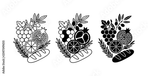 Tableau sur toile Harvest Bounty Vector Icons: Grapes, Pomegranates, Oranges, Wheat, Bread, Olives