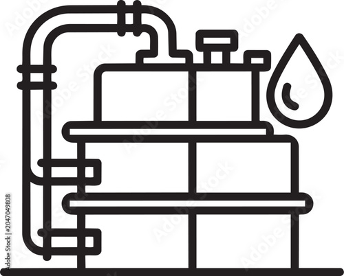Black line icon of industrial oil machine with pipes and water drop