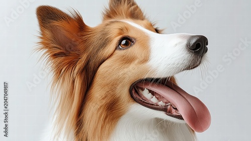 Close-up of a happy dog with its tongue out, looking upwards.