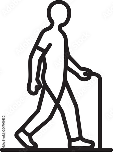 Black line icon of a person walking with a walker