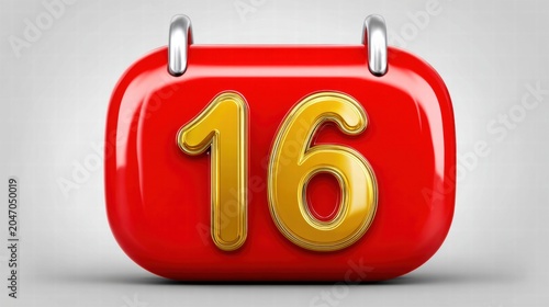 Red calendar with the number sixteen in gold