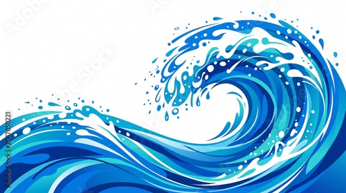 A dynamic illustration of a large, curling ocean wave with white foam and splashes against a clean white background.