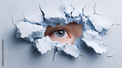 Eye peeking through a hole in a wall