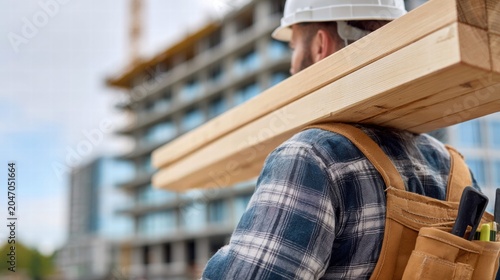 Construction worker carrying wooden planks on his shoulder