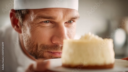 Chef admiring a delicious cheesecake