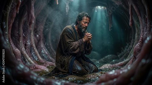 Jonah kneeling in prayer inside the belly of a great fish.	
